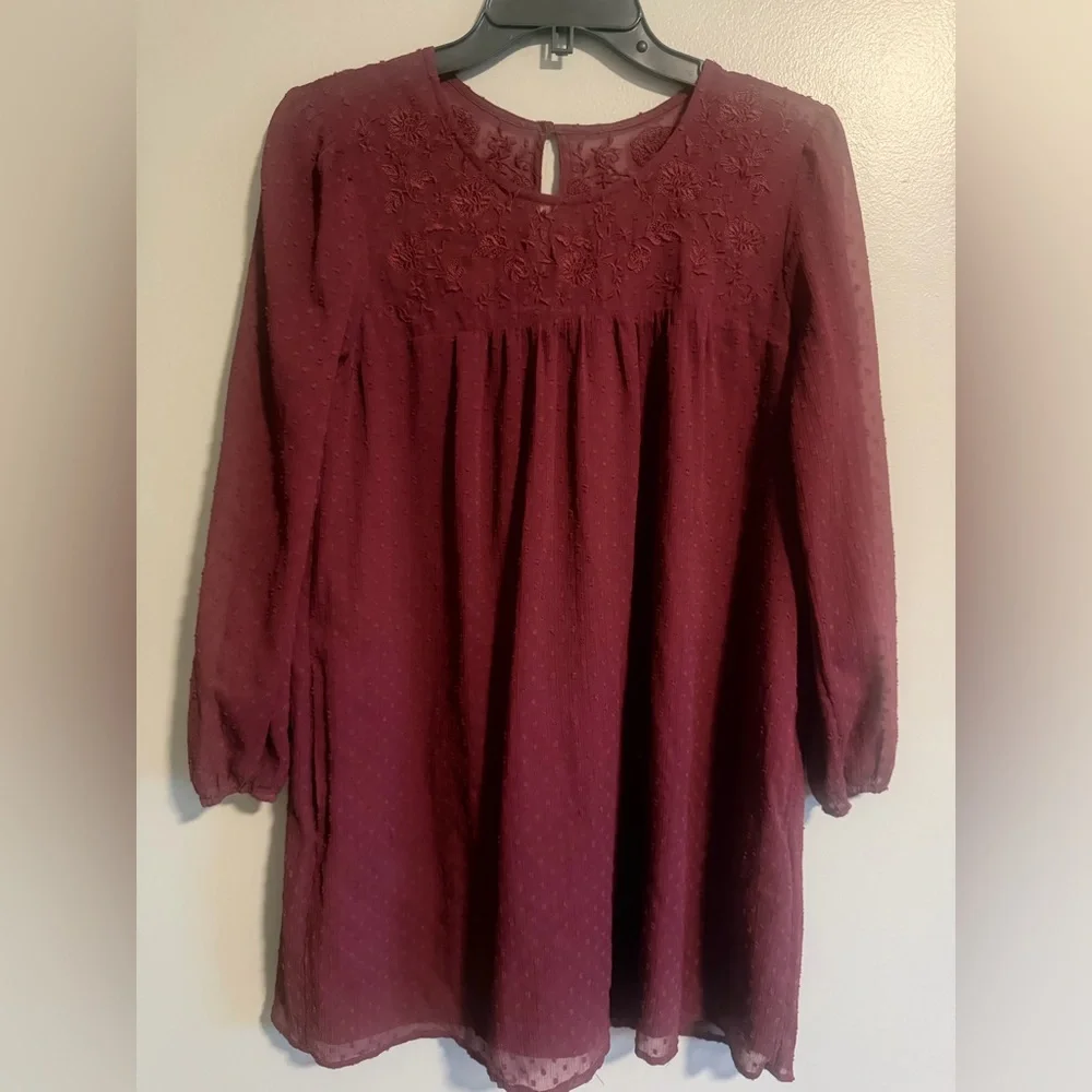 Abercrombie & Fitch Maroon Swiss Dot Sheer sleeve embroidered short dress PS